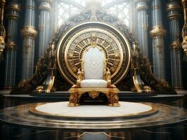 Ancient 3D golden throne on a white floor AI Generative photo