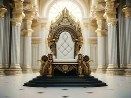 Ancient 3D golden throne on a white floor AI Generative photo