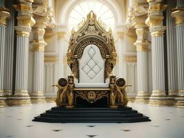 Ancient 3D golden throne on a white floor AI Generative photo