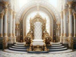 Ancient 3D golden throne on a white floor AI Generative photo