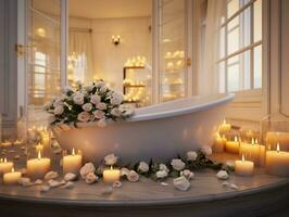 Modern bathroom with candles in the middle and white decorations AI Generative photo