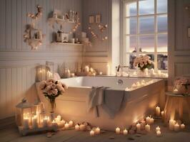 Modern bathroom with candles in the middle and white decorations AI Generative photo