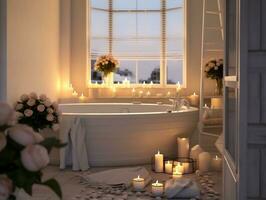 Modern bathroom with candles in the middle and white decorations AI Generative photo