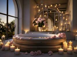 Modern bathroom with candles in the middle and white decorations AI Generative photo