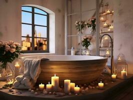 moderno baño con velas en el medio y blanco decoraciones ai generativo foto