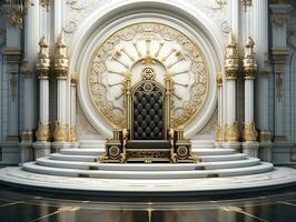 Ancient 3D golden throne on a white floor AI Generative photo