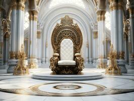 Ancient 3D golden throne on a white floor AI Generative photo