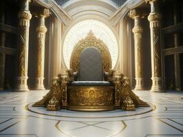 Ancient 3D golden throne on a white floor AI Generative photo