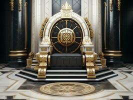 Ancient 3D golden throne on a white floor AI Generative photo