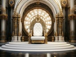 Ancient 3D golden throne on a white floor AI Generative photo