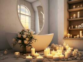 Modern bathroom with candles in the middle and white decorations AI Generative photo