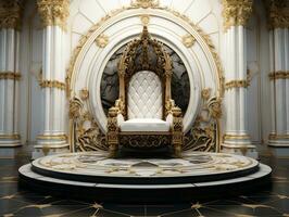 Ancient 3D golden throne on a white floor AI Generative photo