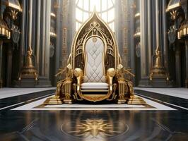 Ancient 3D golden throne on a white floor AI Generative photo