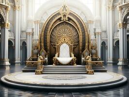 Ancient 3D golden throne on a white floor AI Generative photo