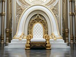 Ancient 3D golden throne on a white floor AI Generative photo