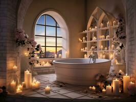 Modern bathroom with candles in the middle and white decorations AI Generative photo