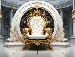 Ancient 3D golden throne on a white floor AI Generative photo