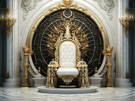 Ancient 3D golden throne on a white floor AI Generative photo