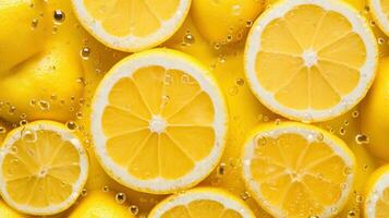 Slices of lemon with water drops as background, top view Generative AI photo