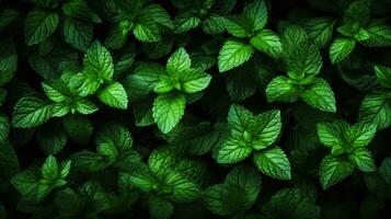 Green mint leaves background. Fresh mint leaves texture. Top view. Generative AI photo