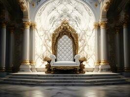 Ancient 3D golden throne on a white floor AI Generative photo