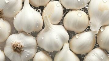 Garlic background. Seamless pattern with garlic bulbs and water drops. Generative AI photo