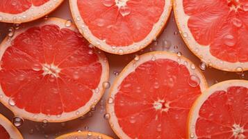 Citrus background. Juicy grapefruit slices with water drops. Generative AI photo