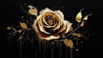 Gold rose on black background with golden splashes. 3d rendering Generative AI photo