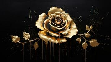 Gold rose on black background with golden splashes. 3d rendering Generative AI photo