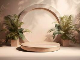 3D podium mockup with  plants on the two sides of the scene AI Generative photo