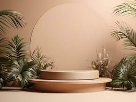 3D podium mockup with  plants on the two sides of the scene AI Generative photo