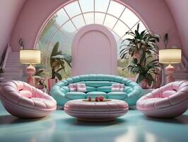 Futuristic pink living room with gold furniture and mirror AI Generative photo