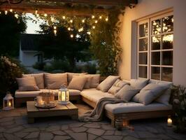 Outdoor living area with couches and lanterns AI Generative photo