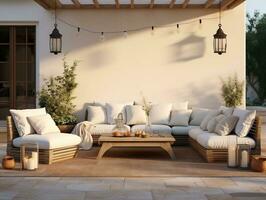 Outdoor living area with couches and lanterns AI Generative photo