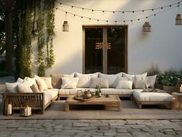 Outdoor living area with couches and lanterns AI Generative photo