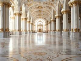 lujoso blanco mármol piso de un palacio con hermosa oro adornos ai generativo foto