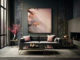 Modern beautiful living room with sofa in black and gold style AI Generative photo