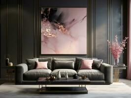 Modern beautiful living room with sofa in black and gold style AI Generative photo