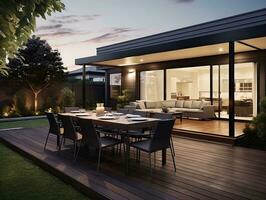 Modern terrace with large dining table and wooden floor in front of house AI Generative photo