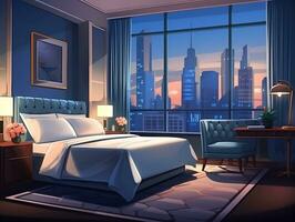 Luxurious hotel room interior featuring a bed with large window and tall chairs AI Generative photo