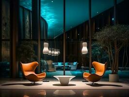 AI generated Luxurious lobby with chairs and lamp lights in the night AI Generative photo