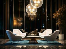 AI generated Luxurious lobby with chairs and lamp lights in the night AI Generative photo