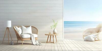White bedroom on wooden flooring is sitting next to wicker furniture AI Generative photo