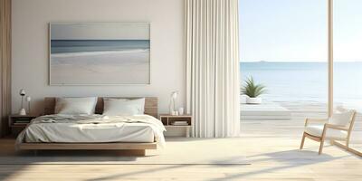 White bedroom on wooden flooring is sitting next to wicker furniture AI Generative photo