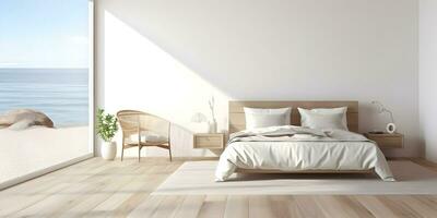 White bedroom on wooden flooring is sitting next to wicker furniture AI Generative photo