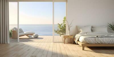 White bedroom on wooden flooring is sitting next to wicker furniture AI Generative photo