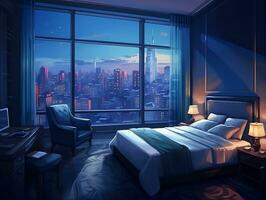 Luxurious hotel room interior featuring a bed with large window and tall chairs AI Generative photo