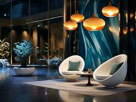 AI generated Luxurious lobby with chairs and lamp lights in the night AI Generative photo