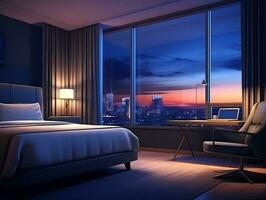 lujoso hotel habitación interior presentando un cama con grande ventana y alto sillas ai generativo foto