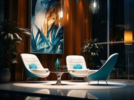 AI generated Luxurious lobby with chairs and lamp lights in the night AI Generative photo